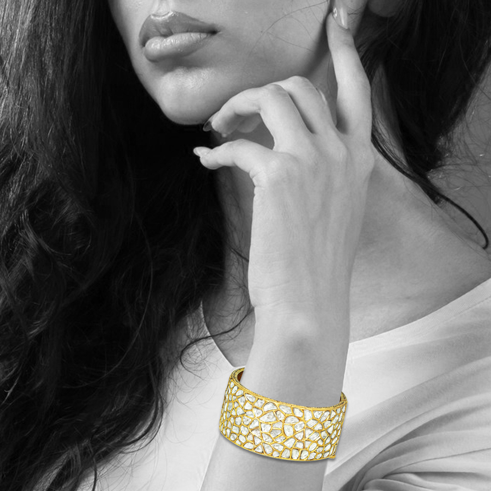 Raw Polki Cluster Bangle with Floral Etched Inner Band